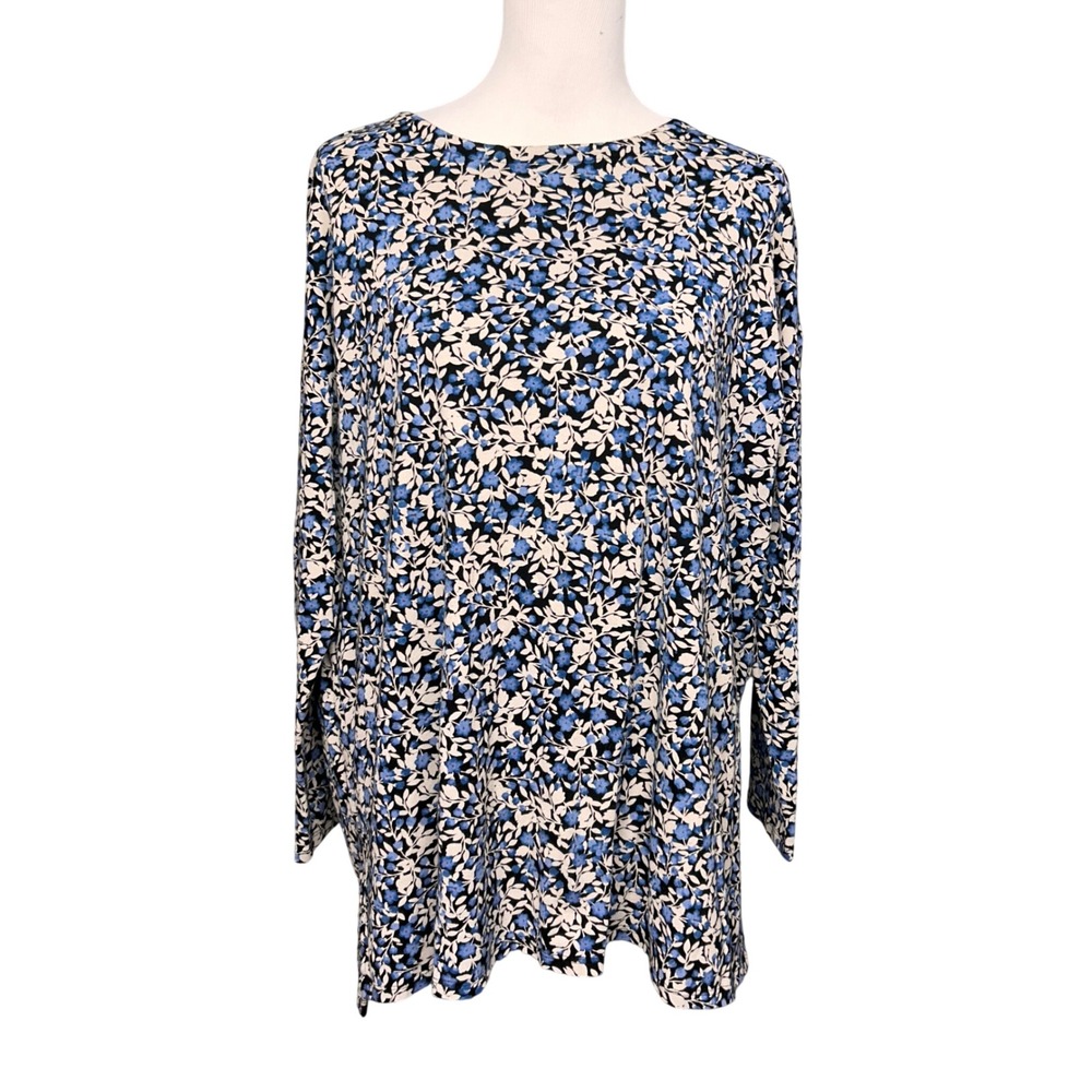 J Jill Simply Supima Crewneck Tunic Women XL Blue Floral Long Sleeve Cottagecore